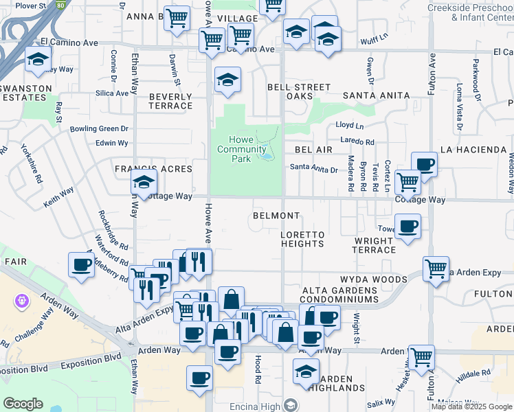 map of restaurants, bars, coffee shops, grocery stores, and more near 2264 Cottage Way in Sacramento