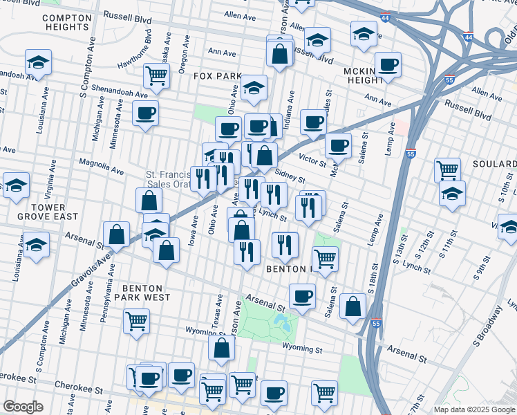 map of restaurants, bars, coffee shops, grocery stores, and more near 2732 South Jefferson Avenue in St. Louis