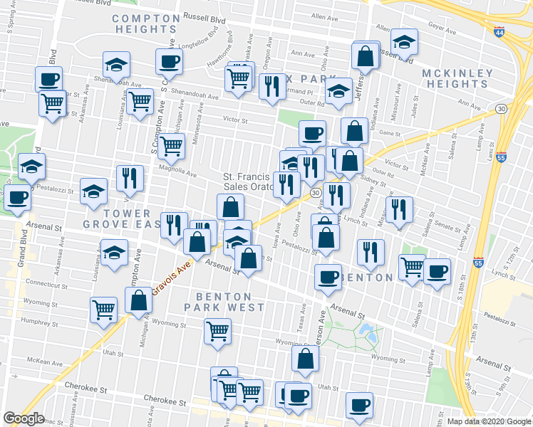 map of restaurants, bars, coffee shops, grocery stores, and more near 2846 California Avenue in St. Louis