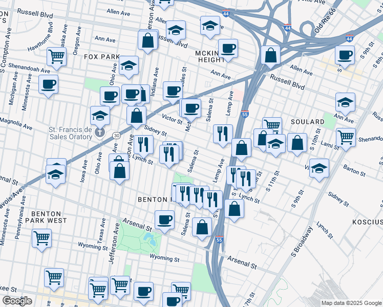 map of restaurants, bars, coffee shops, grocery stores, and more near 2007 Senate Street in St. Louis