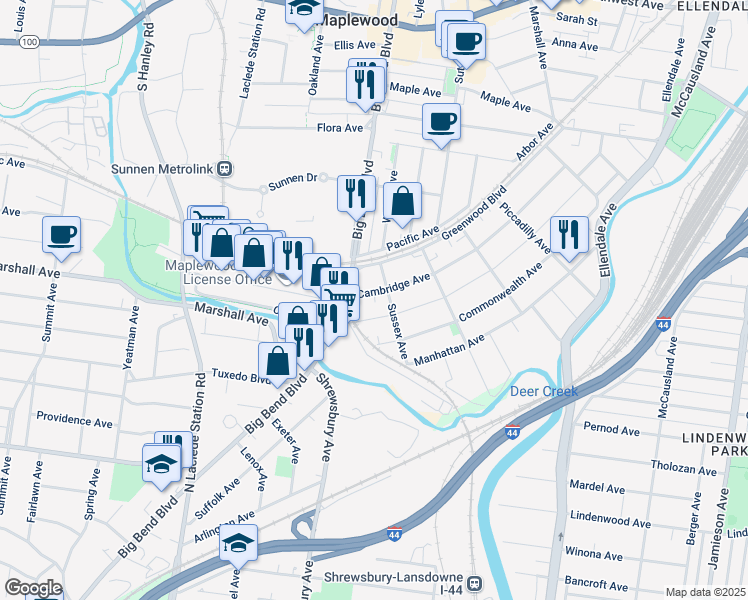 map of restaurants, bars, coffee shops, grocery stores, and more near 3714 Cambridge Avenue in St. Louis