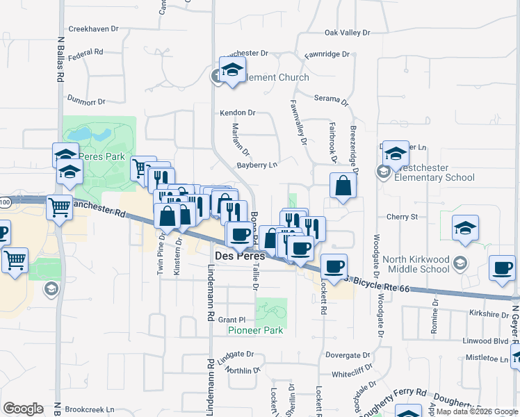 map of restaurants, bars, coffee shops, grocery stores, and more near 1118 Bopp Road in Des Peres