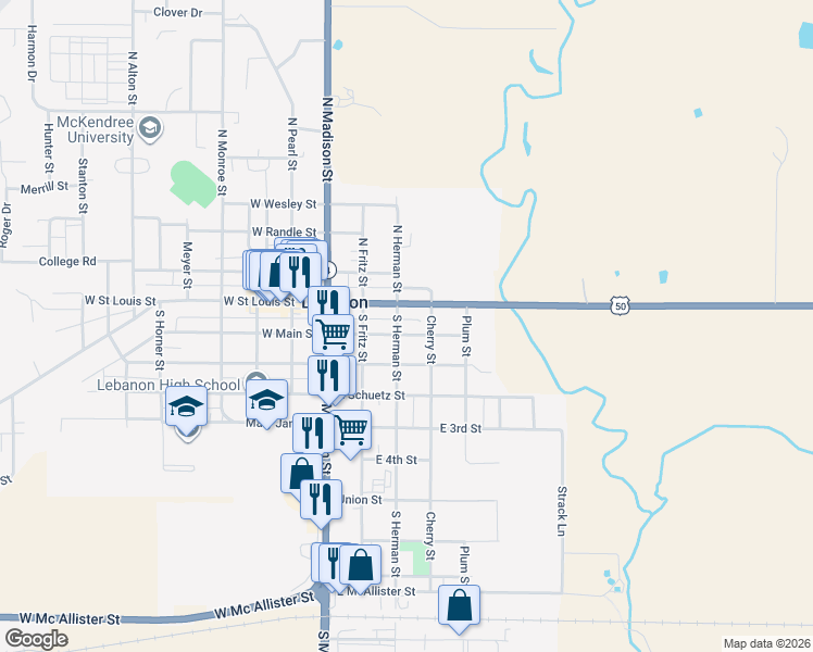 map of restaurants, bars, coffee shops, grocery stores, and more near 201 South Herman Street in Lebanon