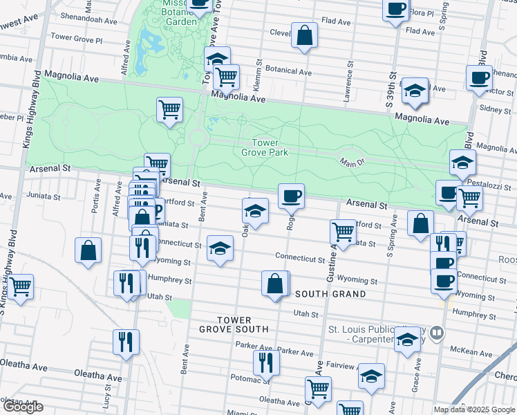 map of restaurants, bars, coffee shops, grocery stores, and more near 4055 Hartford Street in St. Louis