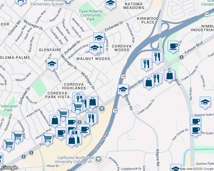 map of restaurants, bars, coffee shops, grocery stores, and more near 2627 Los Nogales Way in Rancho Cordova