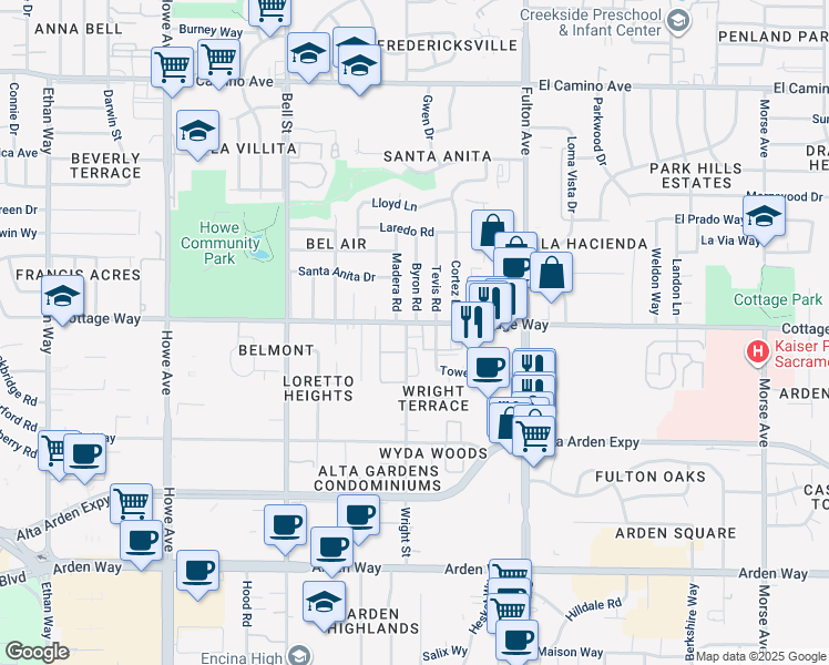 map of restaurants, bars, coffee shops, grocery stores, and more near 2020 Wright Street in Sacramento