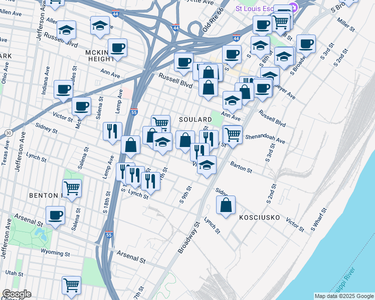 map of restaurants, bars, coffee shops, grocery stores, and more near 2419 South 10th Street in St. Louis