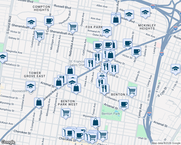 map of restaurants, bars, coffee shops, grocery stores, and more near 2849 Ohio Avenue in St. Louis