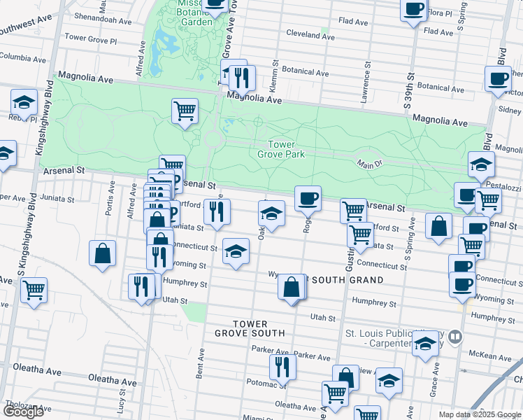 map of restaurants, bars, coffee shops, grocery stores, and more near 3140 Oak Hill Avenue in St. Louis