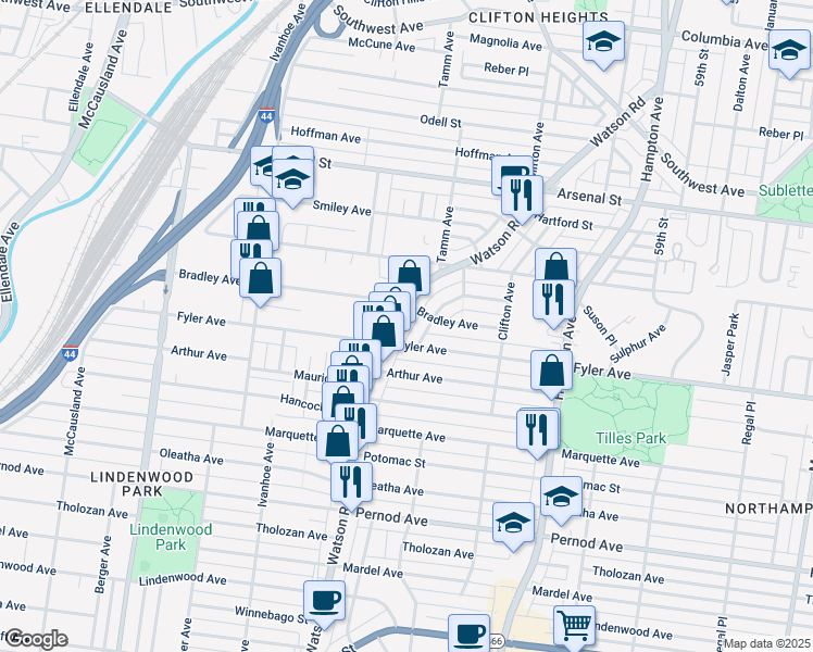 map of restaurants, bars, coffee shops, grocery stores, and more near 6438 Fyler Avenue in St. Louis