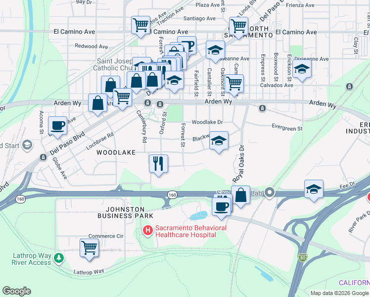 map of restaurants, bars, coffee shops, grocery stores, and more near 576 Southgate Road in Sacramento