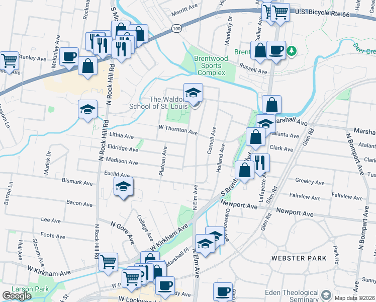 map of restaurants, bars, coffee shops, grocery stores, and more near 613 North Elm Avenue in Webster Groves