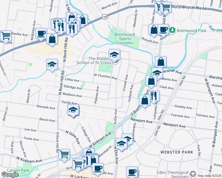 map of restaurants, bars, coffee shops, grocery stores, and more near 613 North Elm Avenue in Webster Groves