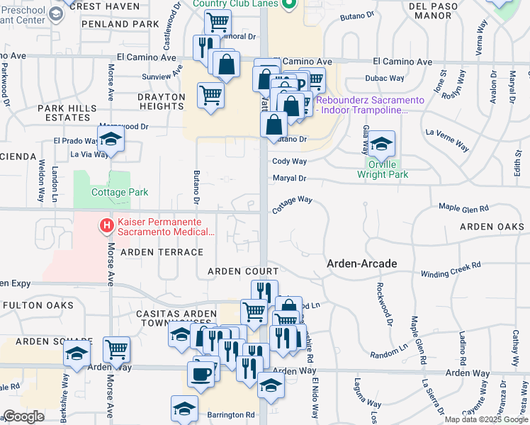 map of restaurants, bars, coffee shops, grocery stores, and more near Watt Ave & Cottage Way in Arden-Arcade