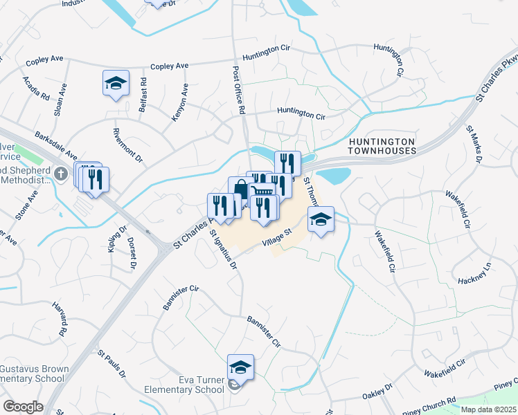 map of restaurants, bars, coffee shops, grocery stores, and more near 106 Smallwood Village Center in Waldorf