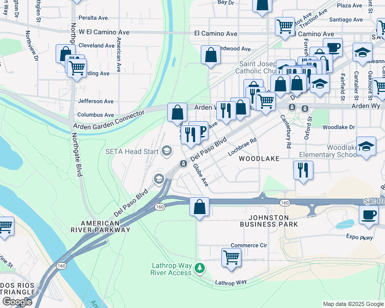 map of restaurants, bars, coffee shops, grocery stores, and more near 105 Globe Avenue in Sacramento