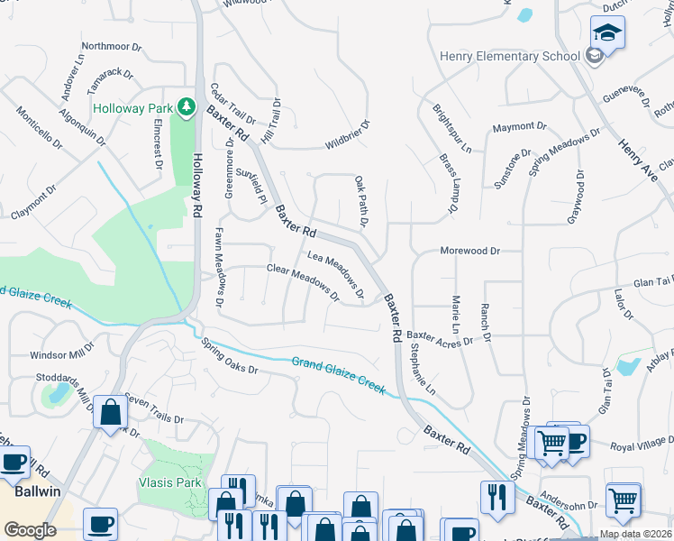 map of restaurants, bars, coffee shops, grocery stores, and more near 123 Lea Meadows Drive in Ballwin