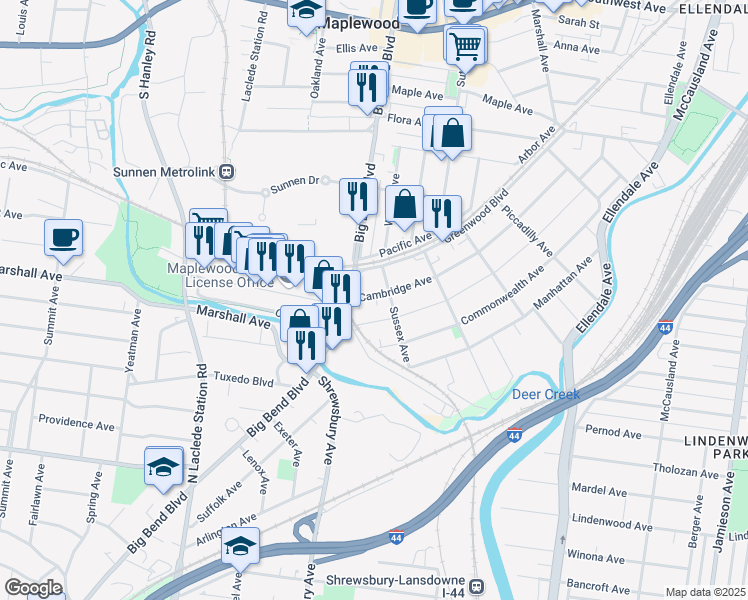 map of restaurants, bars, coffee shops, grocery stores, and more near 3714 Cambridge Avenue in Maplewood