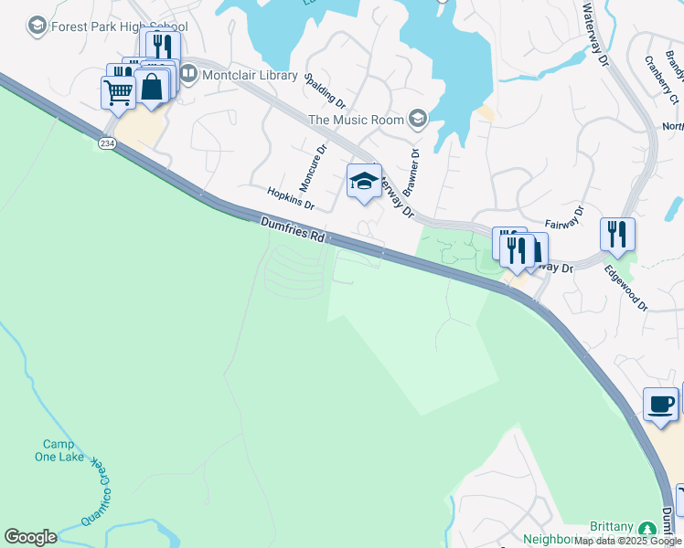 map of restaurants, bars, coffee shops, grocery stores, and more near 16108 Dumfries Road in Dumfries