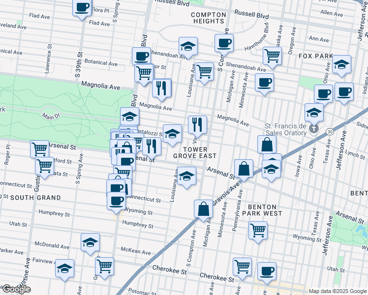 map of restaurants, bars, coffee shops, grocery stores, and more near 2918 Louisiana Avenue in St. Louis