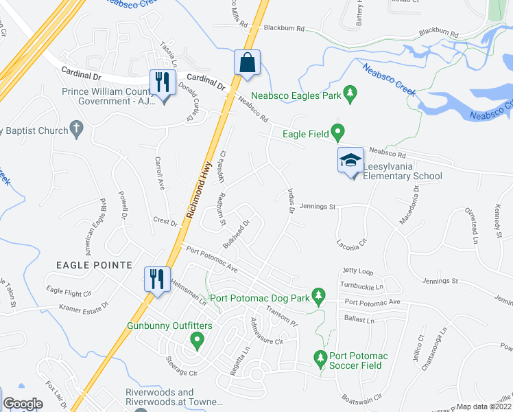 map of restaurants, bars, coffee shops, grocery stores, and more near 2664 Cast Off Loop in Woodbridge