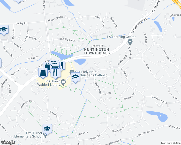 map of restaurants, bars, coffee shops, grocery stores, and more near 2000 Amber Leaf Place in Waldorf