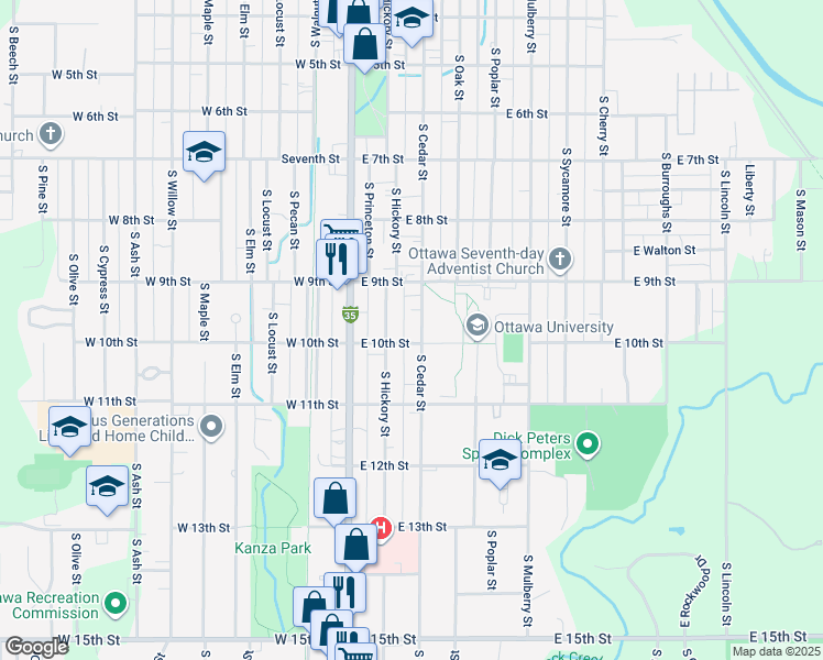 map of restaurants, bars, coffee shops, grocery stores, and more near 920 South Cedar Street in Ottawa