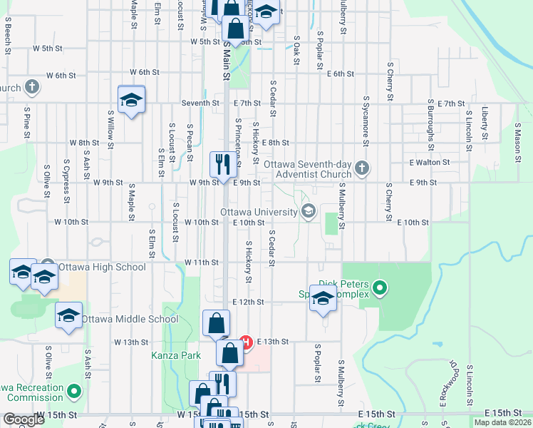 map of restaurants, bars, coffee shops, grocery stores, and more near 920 South Cedar Street in Ottawa