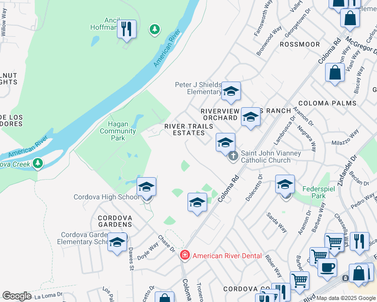 map of restaurants, bars, coffee shops, grocery stores, and more near 2224 Trails Court in Rancho Cordova