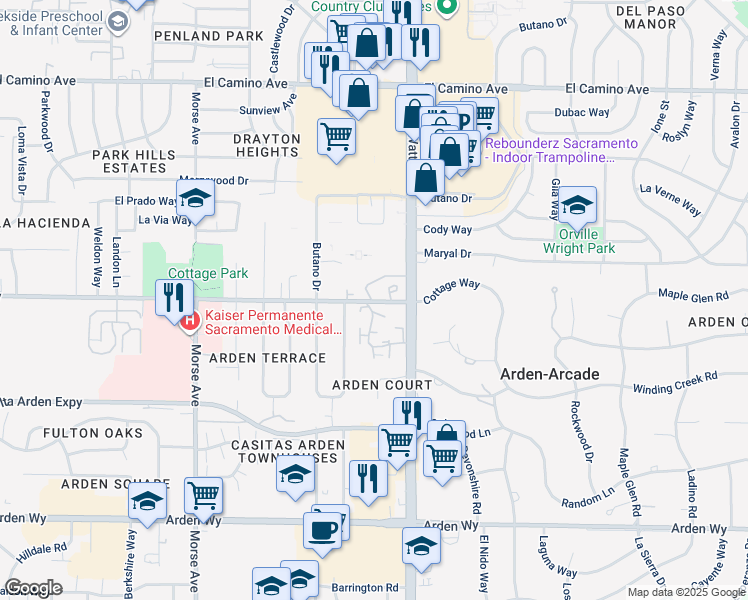 map of restaurants, bars, coffee shops, grocery stores, and more near 3343 Cottage Way in Sacramento