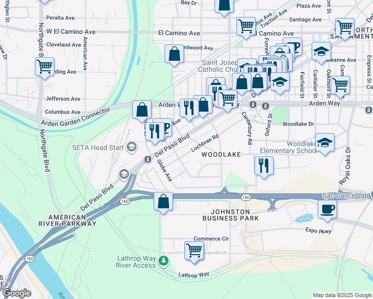 map of restaurants, bars, coffee shops, grocery stores, and more near 1212 Del Paso Boulevard in Sacramento