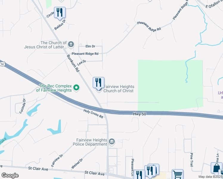 map of restaurants, bars, coffee shops, grocery stores, and more near 20 Cozy Lane in Fairview Heights
