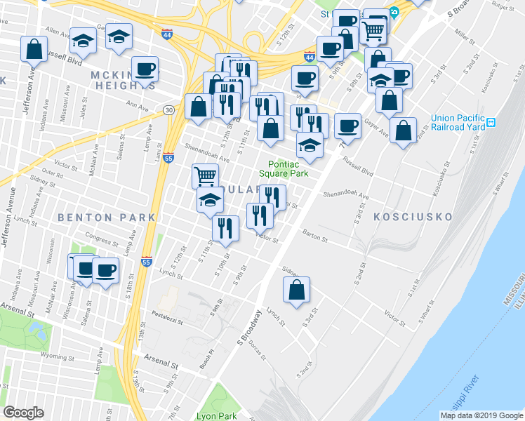 map of restaurants, bars, coffee shops, grocery stores, and more near 1014 Lami Street in St. Louis