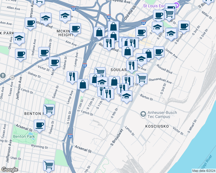 map of restaurants, bars, coffee shops, grocery stores, and more near 2348 South 11th Street in St. Louis
