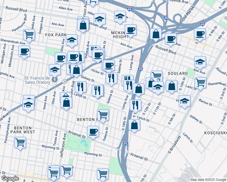 map of restaurants, bars, coffee shops, grocery stores, and more near 2019 Outer Road in St. Louis