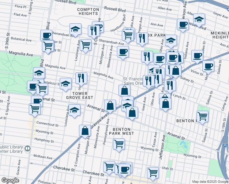 map of restaurants, bars, coffee shops, grocery stores, and more near 2824 Pennsylvania Avenue in St. Louis
