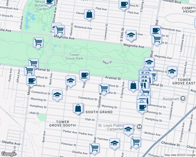 map of restaurants, bars, coffee shops, grocery stores, and more near 3916 Arsenal Street in St. Louis