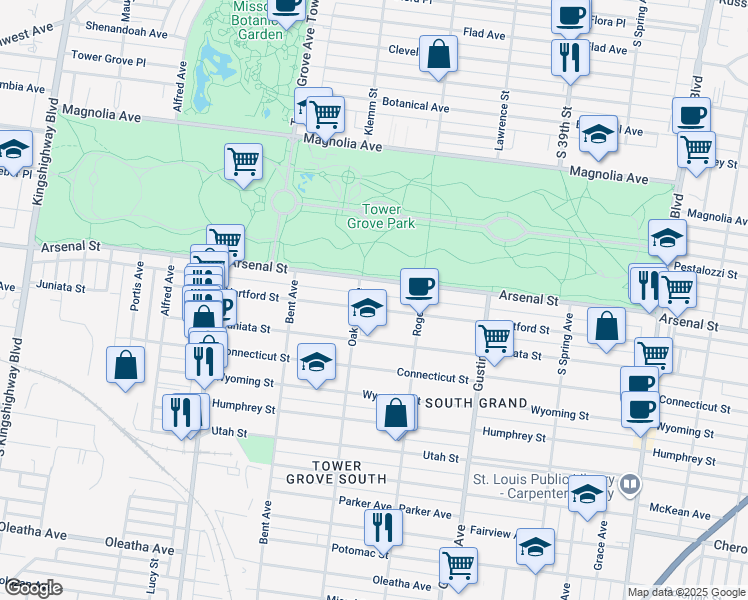 map of restaurants, bars, coffee shops, grocery stores, and more near in St. Louis