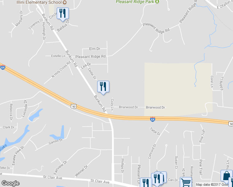 map of restaurants, bars, coffee shops, grocery stores, and more near 20 Cozy Lane in Fairview Heights