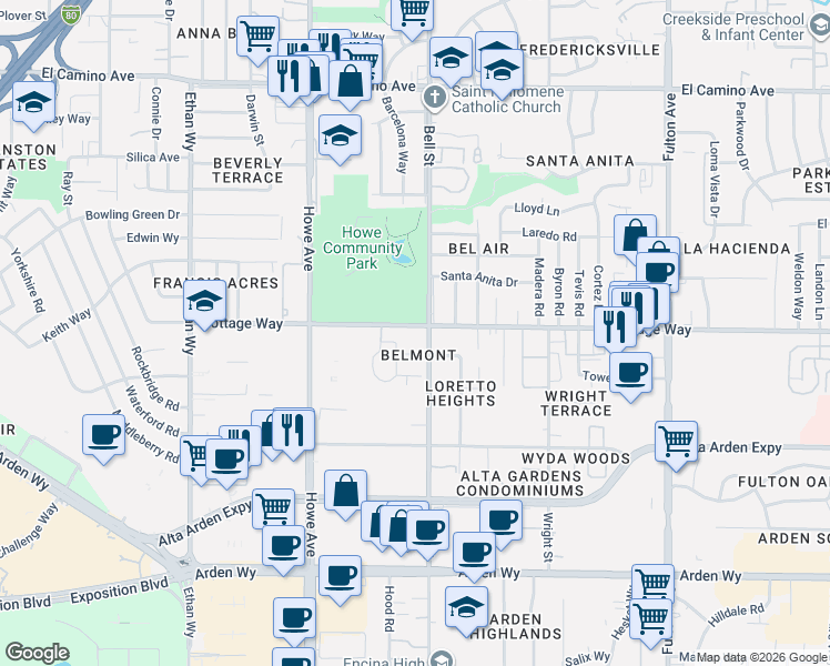 map of restaurants, bars, coffee shops, grocery stores, and more near 2275 Cottage Way in Sacramento