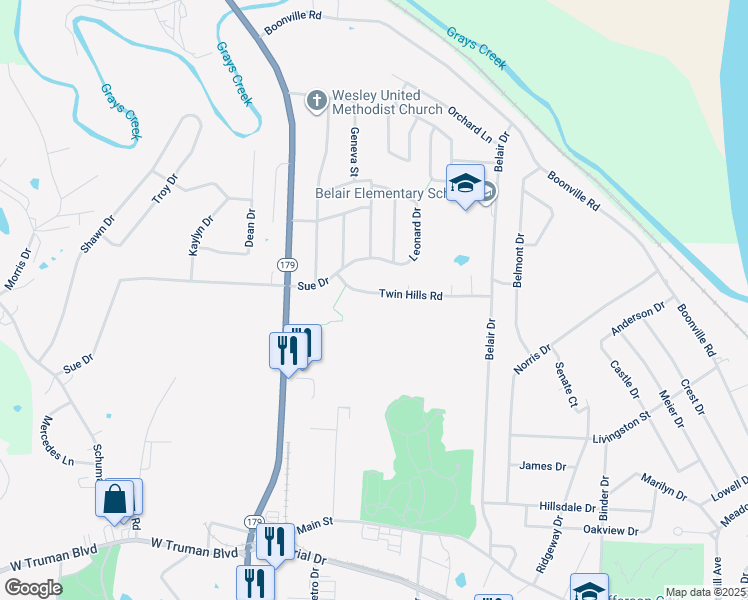 map of restaurants, bars, coffee shops, grocery stores, and more near 2628 Twin Hills Rd in Jefferson City