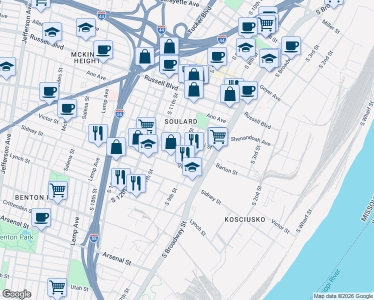 map of restaurants, bars, coffee shops, grocery stores, and more near 1014 Lami Street in St. Louis