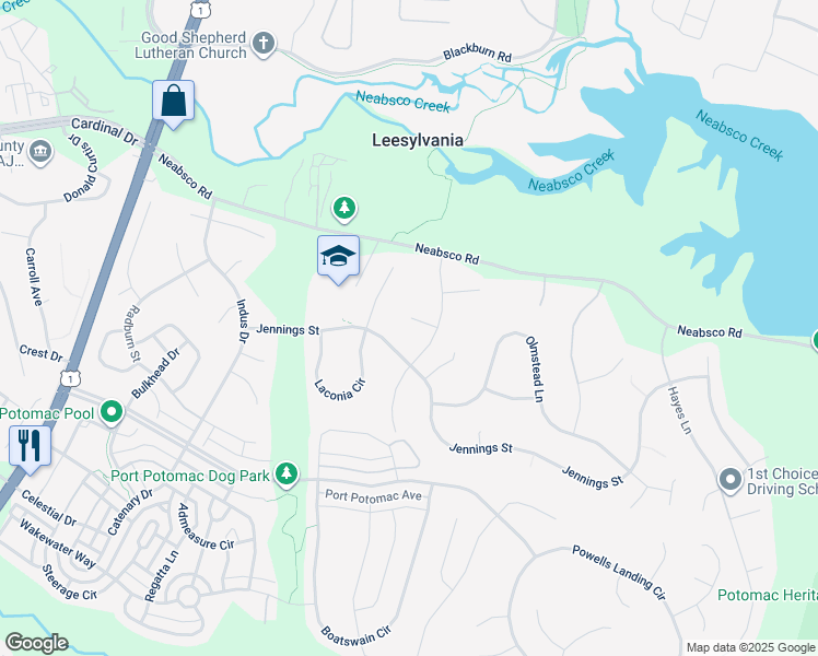 map of restaurants, bars, coffee shops, grocery stores, and more near 2231 Scotch Court in Woodbridge