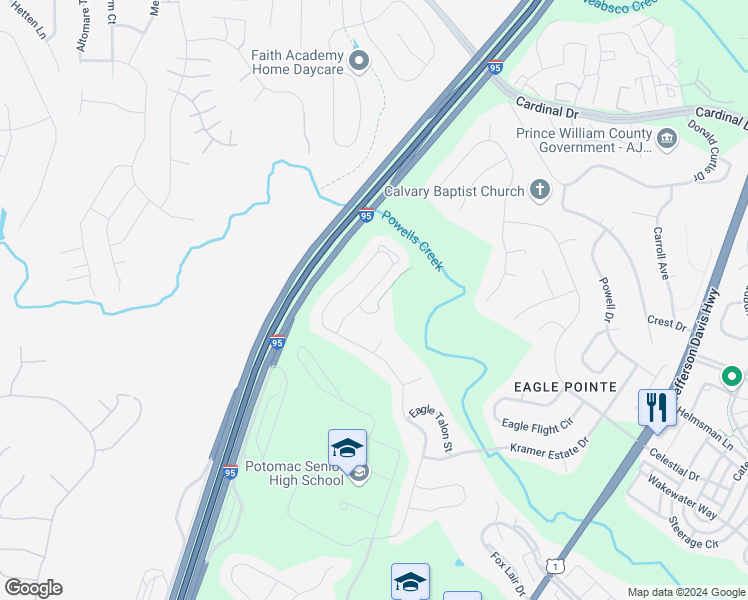 map of restaurants, bars, coffee shops, grocery stores, and more near 3589 Eagle Ridge Drive in Woodbridge