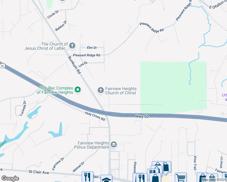 map of restaurants, bars, coffee shops, grocery stores, and more near 20 Cozy Lane in Fairview Heights