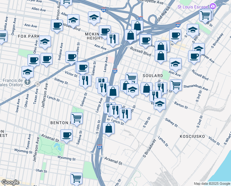 map of restaurants, bars, coffee shops, grocery stores, and more near 2411 South 13th Street in St. Louis