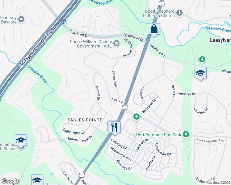 map of restaurants, bars, coffee shops, grocery stores, and more near 16024 Carroll Ave in Woodbridge