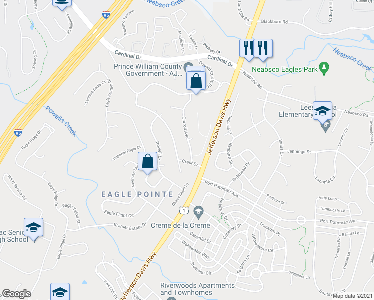 map of restaurants, bars, coffee shops, grocery stores, and more near 16024 Carroll Ave in Woodbridge