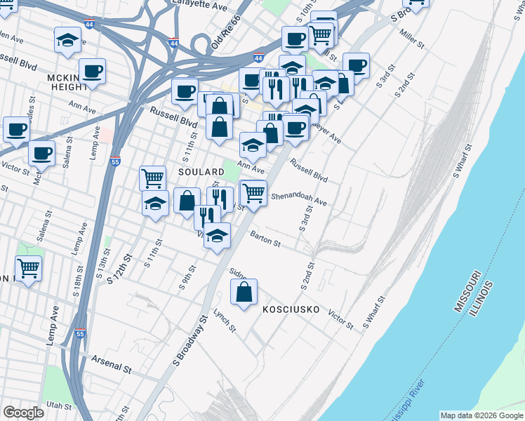map of restaurants, bars, coffee shops, grocery stores, and more near 2224 South 7th Street in St. Louis