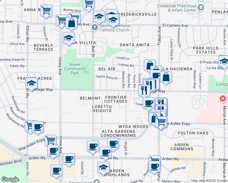 map of restaurants, bars, coffee shops, grocery stores, and more near 2108 Juanita Lane in Sacramento